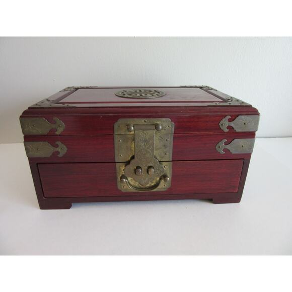 Chinese Vintage Rosewood Brass Hardware Wealth & Prosperity Jewelry Box - Picture 1 of 8